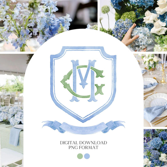 Modern Classic Wedding Crest - Monogram Crest - Luxury Watercolor Wedding Crest - Romantic Wedding Crest - Custom Monogram Initial Letters