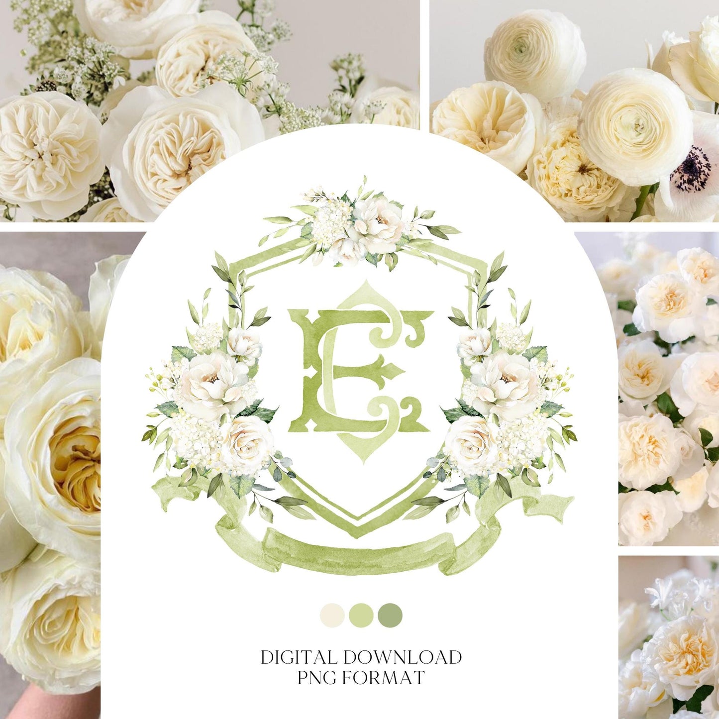 White Rose Greenery White Flower Wedding Crest - Monogram Crest - White Cream Roses flower Watercolor Wedding Crest - Romantic Wedding Crest