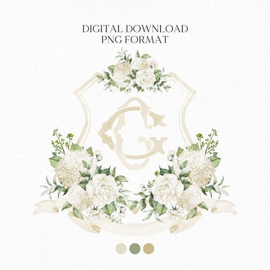 Hydrangea White Rose Greenery Flower Wedding Crest - Monogram Crest - Hydrangea White Floral Watercolor Wedding Crest Romantic Wedding Crest