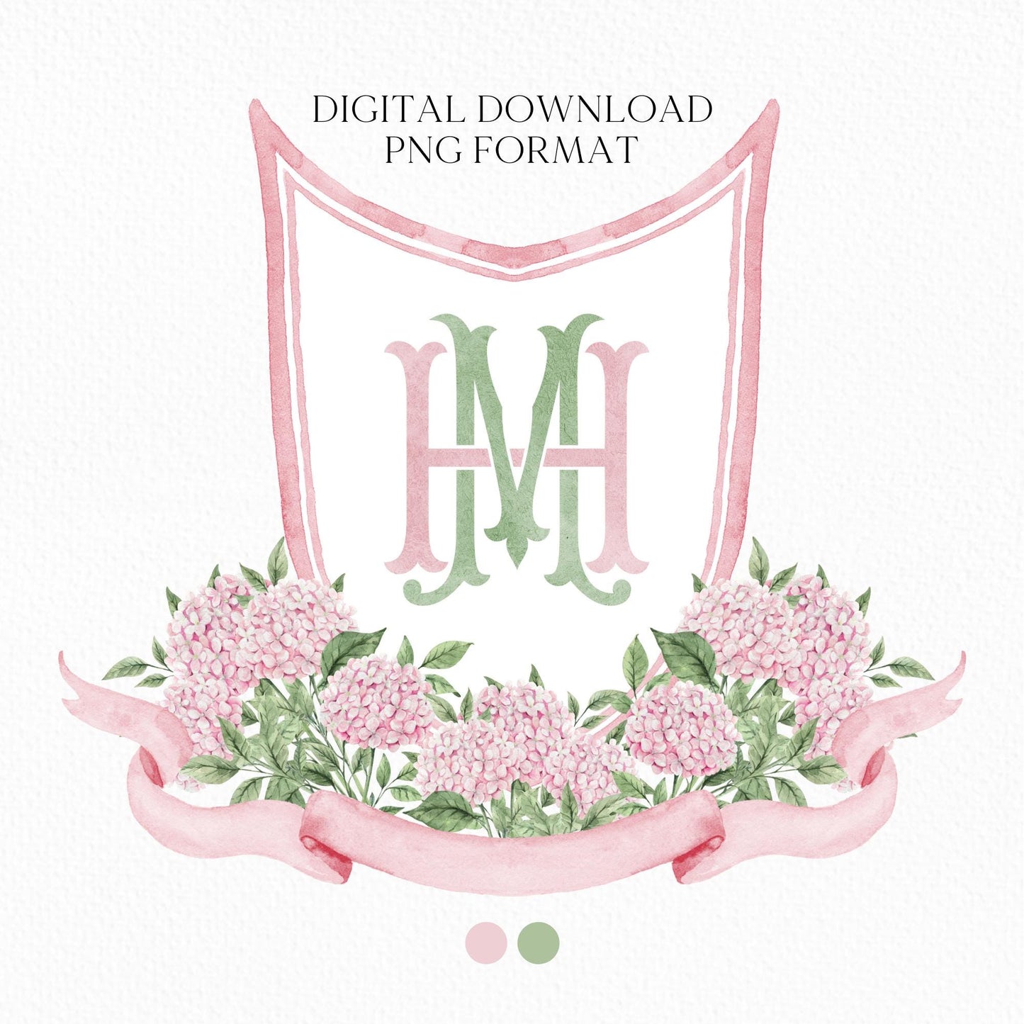 Pink Hydrangea Flower Wedding Crest - Monogram Crest - Hydrangea Light Pink Floral Luxury Watercolor Wedding Crest - Romantic Wedding Crest