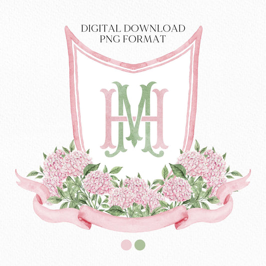 Pink Hydrangea Flower Wedding Crest - Monogram Crest - Hydrangea Light Pink Floral Luxury Watercolor Wedding Crest - Romantic Wedding Crest