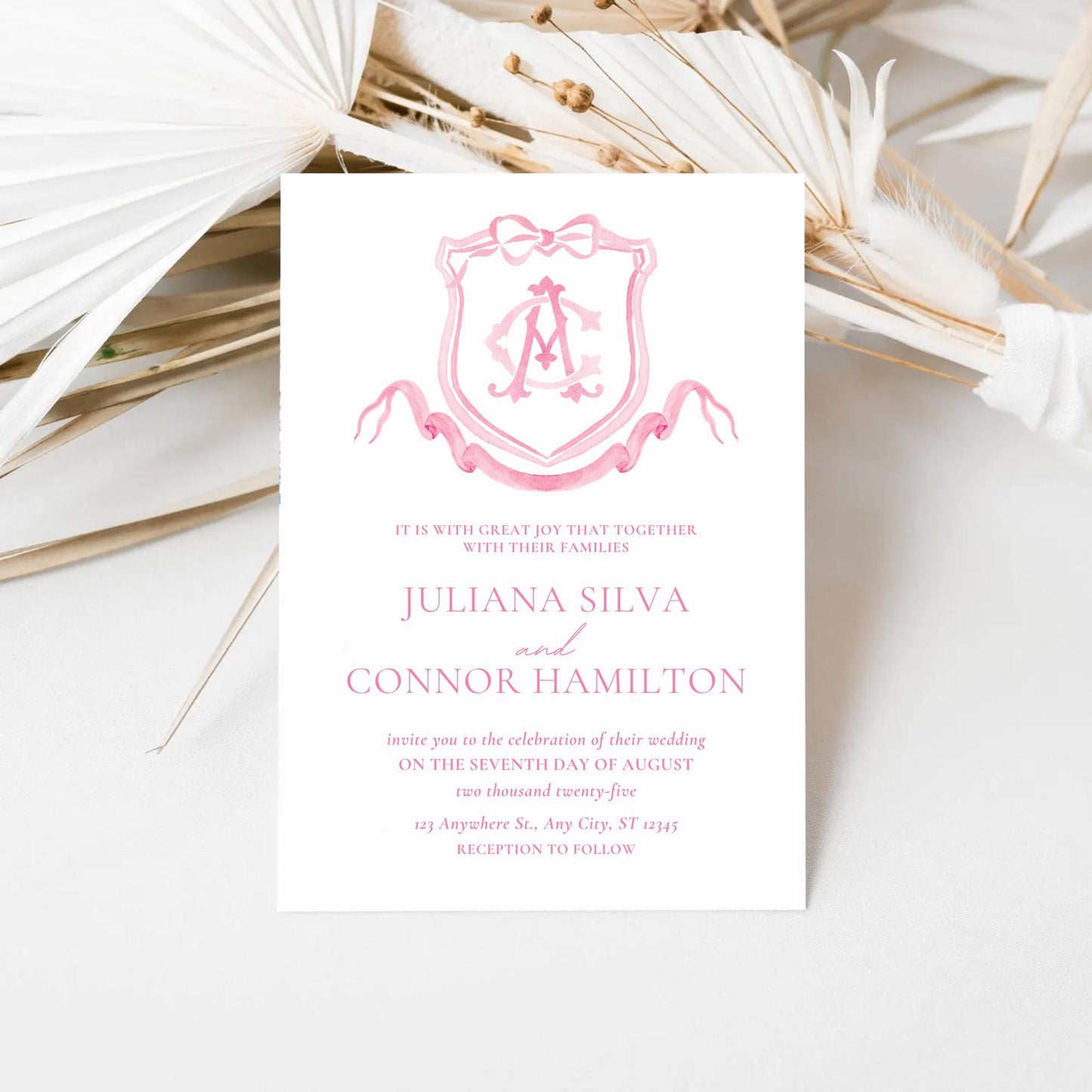 Pink Coquette Ribbon Bow Crest Wedding Crest - Monogram Crest - Pink Ribbon Bow Watercolor Wedding Crest Romantic Wedding Crest