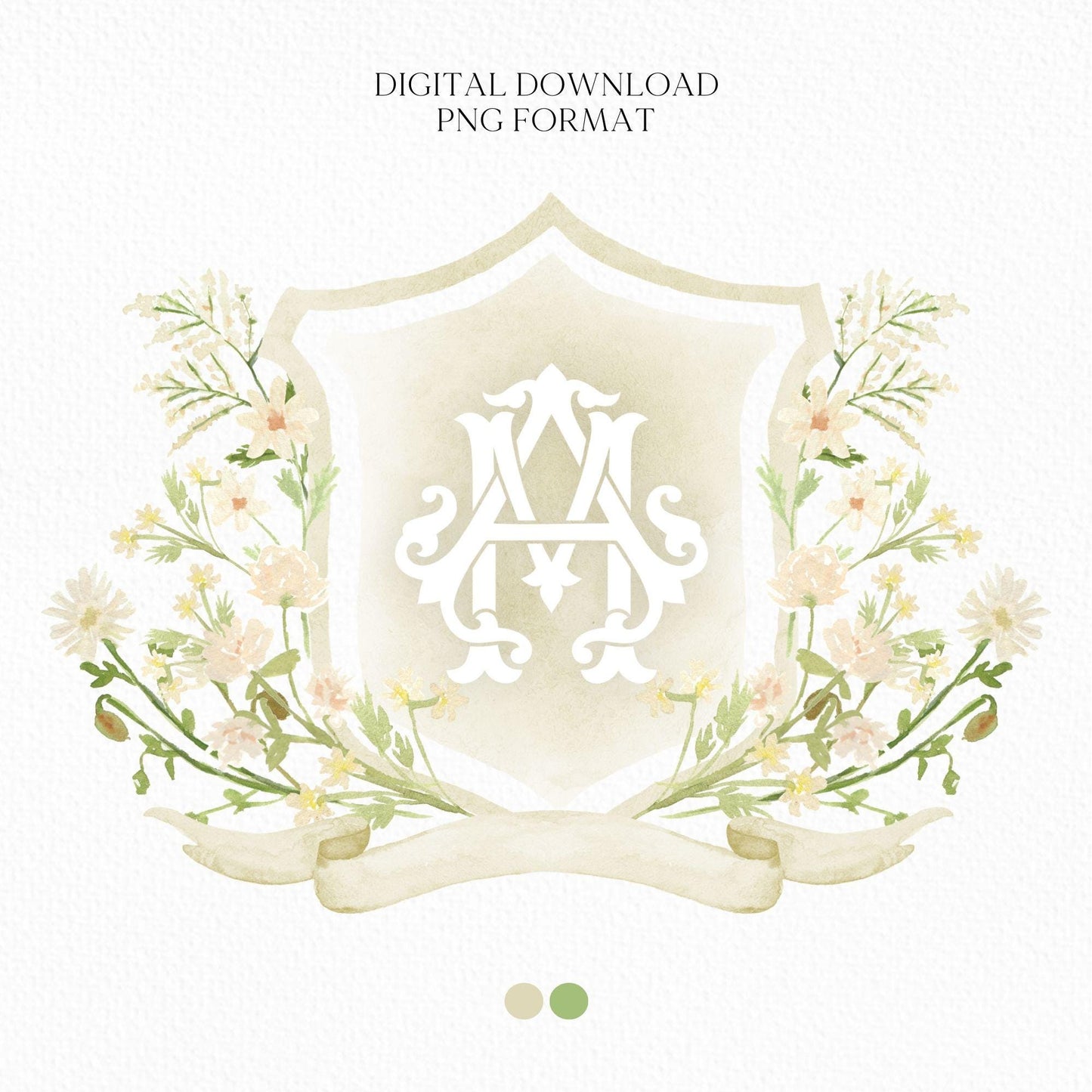 White WildFlower Wedding Crest - Monogram Crest - WildFlower Floral Luxury Watercolor Wedding Crest - Romantic Wedding Crest