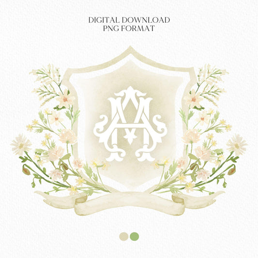 White WildFlower Wedding Crest - Monogram Crest - WildFlower Floral Luxury Watercolor Wedding Crest - Romantic Wedding Crest