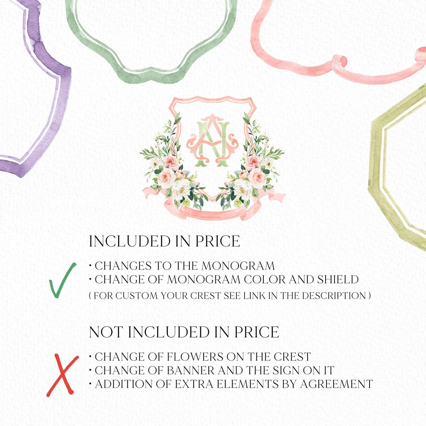 Blush Pink Floral Rustic Greenery Flower Wedding Crest - Monogram Crest - Floral Watercolor Wedding Crest - Romantic Wedding Crest