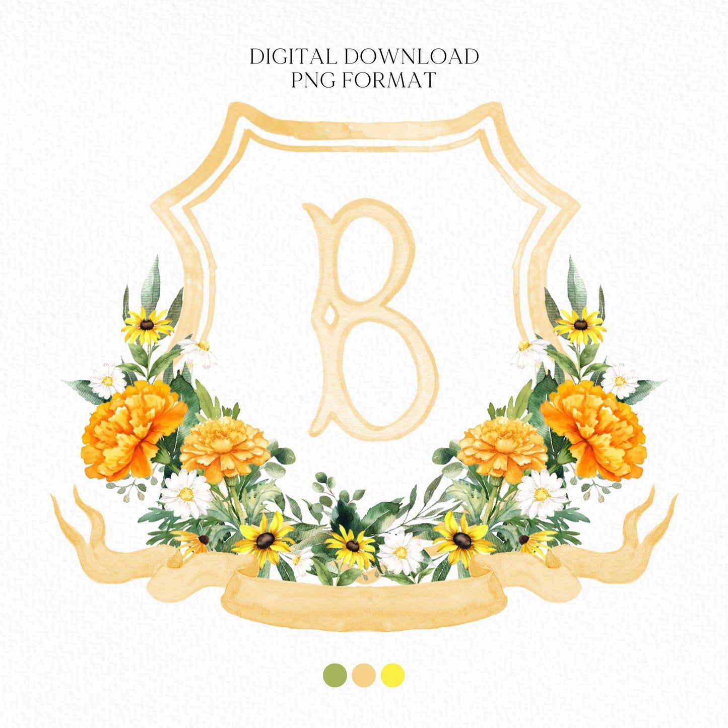 Marigold Floral Watercolor Wedding Crest - Monogram Crest - Dainty Floral Watercolor Wedding Crest - Romantic Wedding Crest