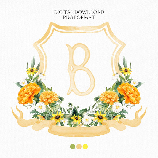 Marigold Floral Watercolor Wedding Crest - Monogram Crest - Dainty Floral Watercolor Wedding Crest - Romantic Wedding Crest