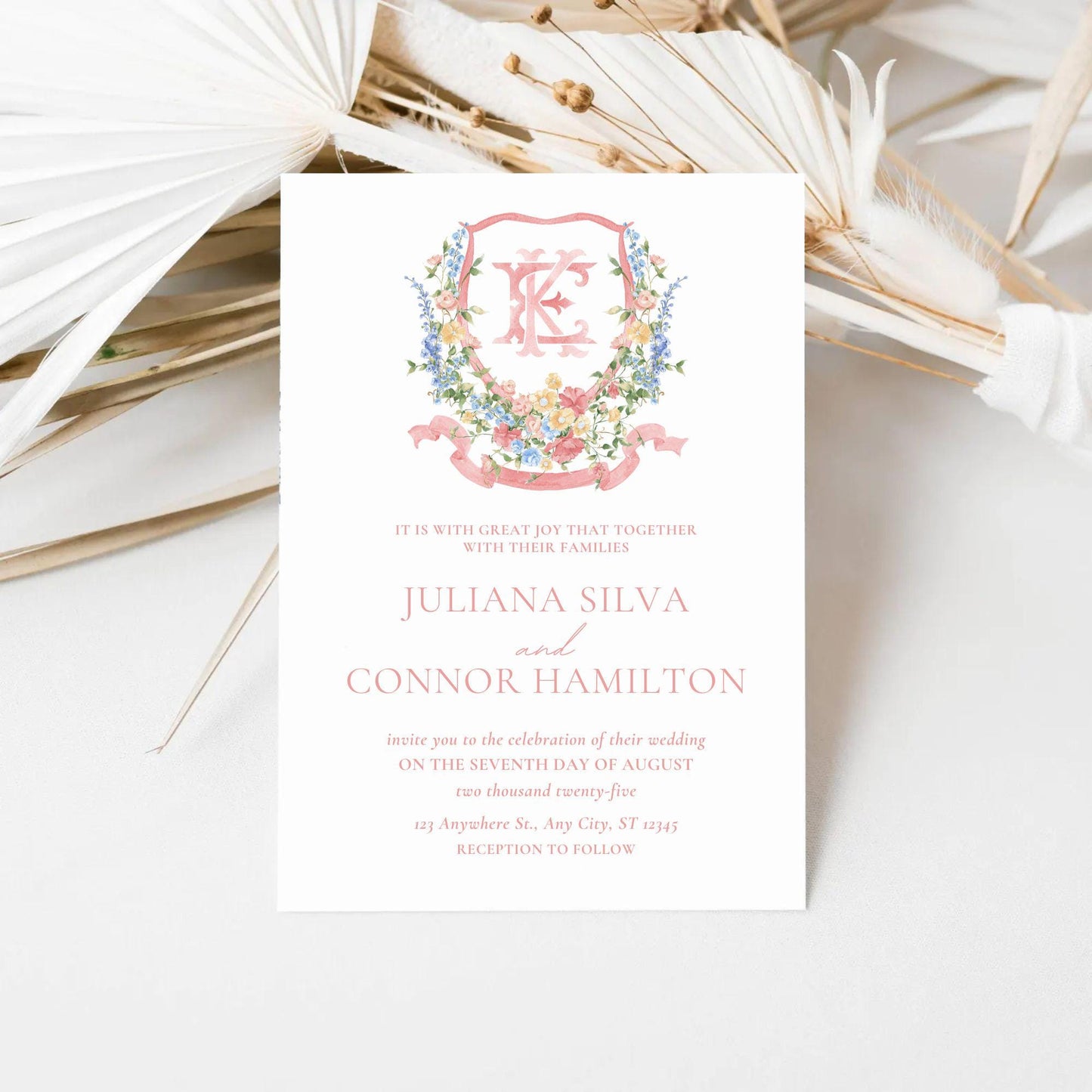 Wildflowers Pink Flower Garden Flowers Wedding Crest - Monogram Crest - Floral Luxury Watercolor Wedding Crest - Romantic Wedding Crest