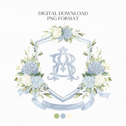 Hydrangea Flower Wedding Crest - Monogram Crest - Hydrangea Floral Luxury Watercolor Wedding Crest - Romantic Wedding Crest- Boho Hydrangea