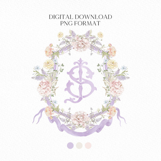 Botanical Garden Flower Wedding Crest - Monogram Crest - Floral Luxury Watercolor Wedding Crest - Romantic Wedding Crest - Vintage Floral
