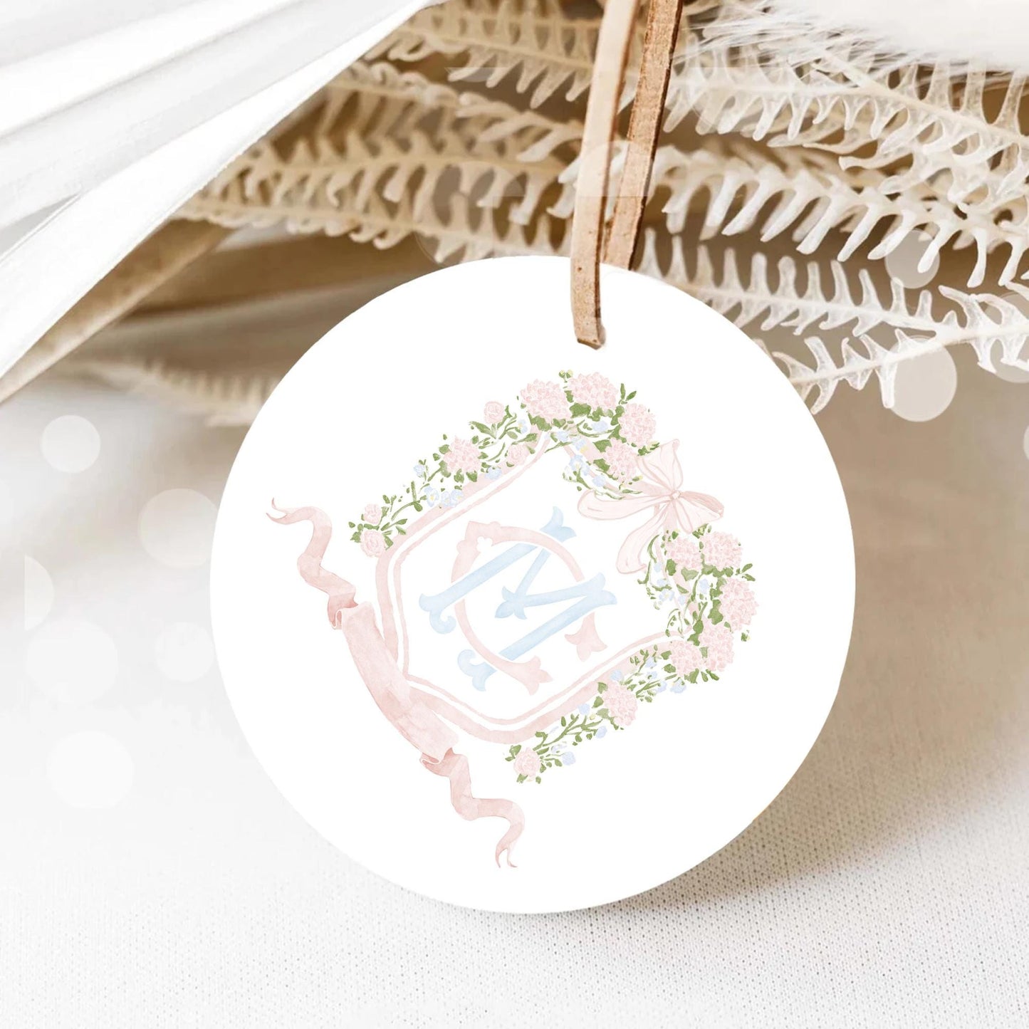 Hydrangea Pink Green Floral Wedding Crest - Monogram Crest - Green Baby's Breath Hydrangea Floral Luxury Watercolor Wedding Crest