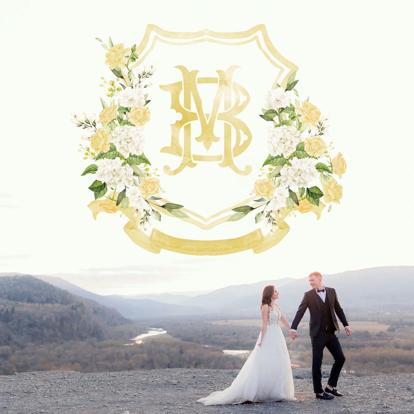 White Hydrangea Yellow Roses Flower Wedding Crest - Monogram Crest - Greenery Floral Luxury Watercolor Wedding Crest