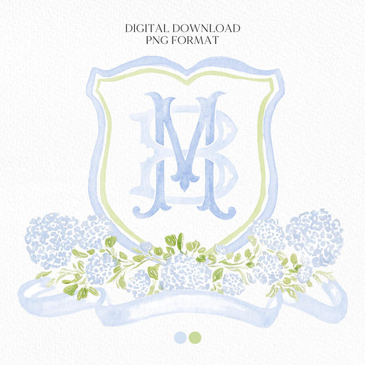 Watercolor Hydrangea Wedding Crest – Light Blue Floral Monogram (Digital Download)