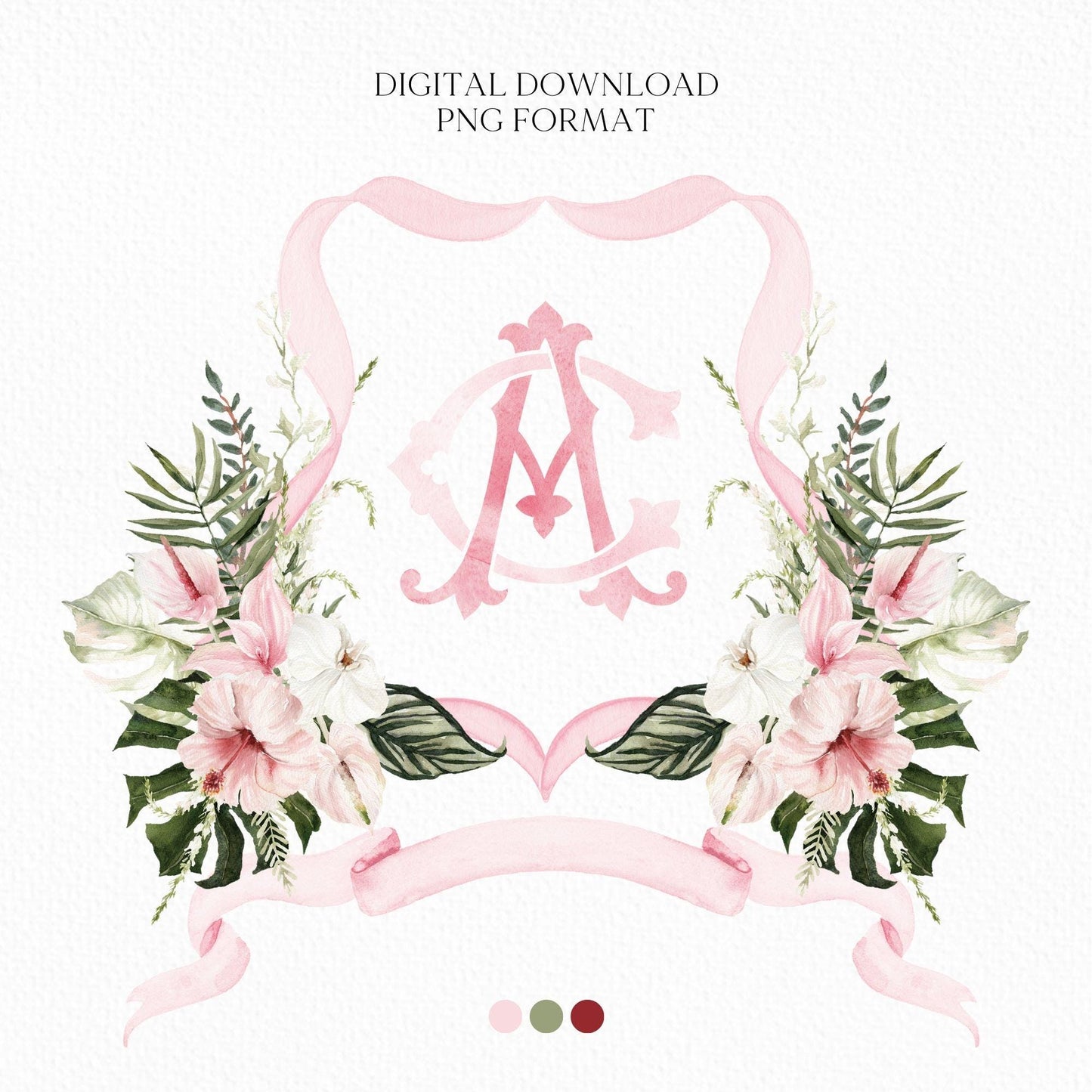 Pink Jungle Bridal Watercolor Flowers Wedding Crest - Monogram Crest - Summer Tropical Watercolor Wedding Crest - Romantic Wedding Crest