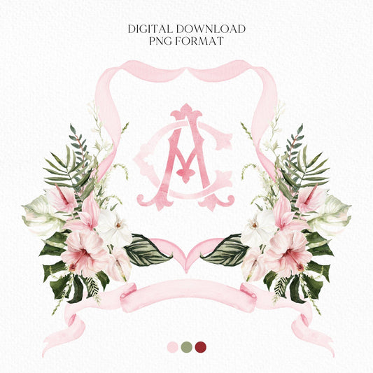 Pink Jungle Bridal Watercolor Flowers Wedding Crest - Monogram Crest - Summer Tropical Watercolor Wedding Crest - Romantic Wedding Crest