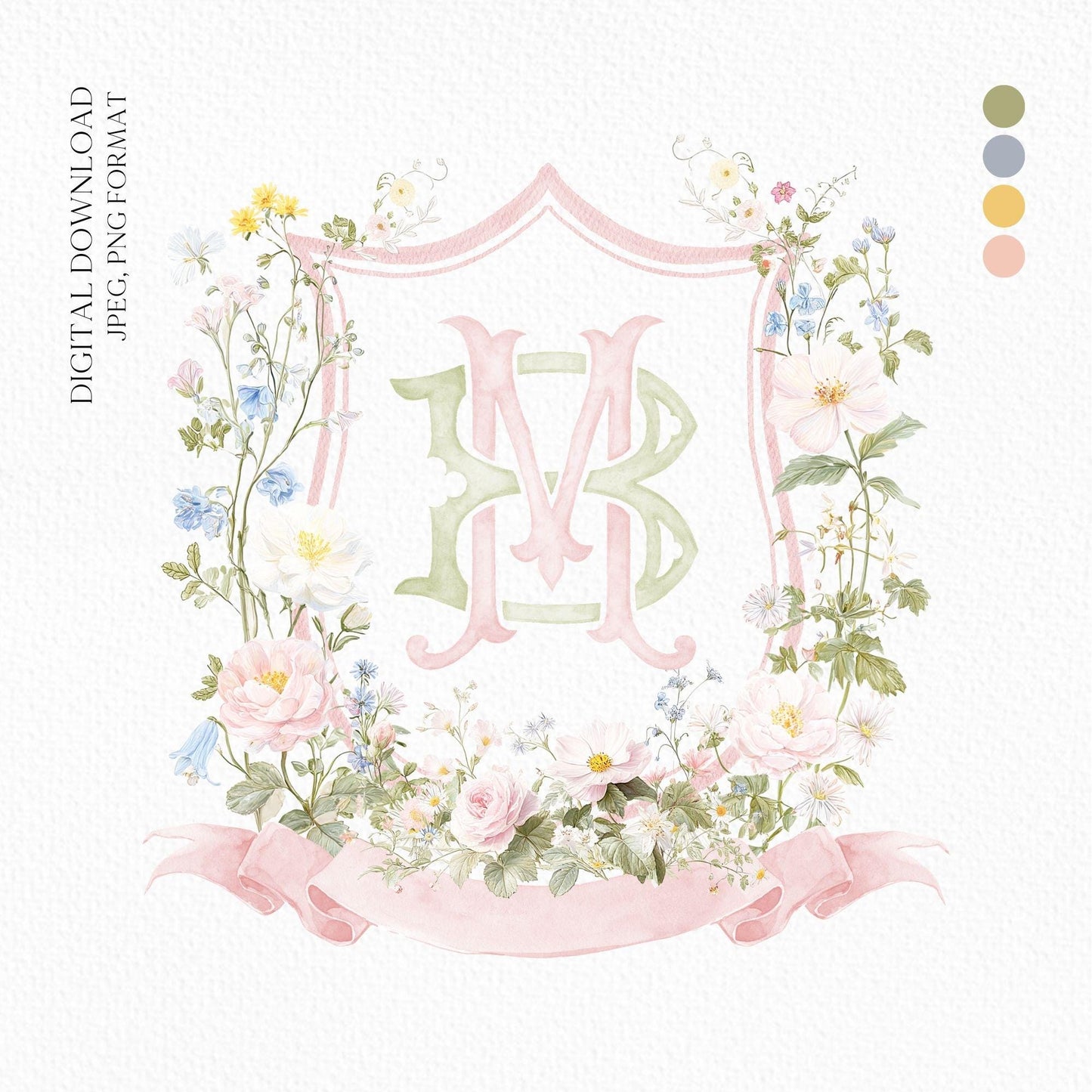 Pastel Wildflowers Light Pink Watercolor Wedding Crest - Monogram Crest - Floral Watercolor Wedding Crest - Romantic Wedding Crest