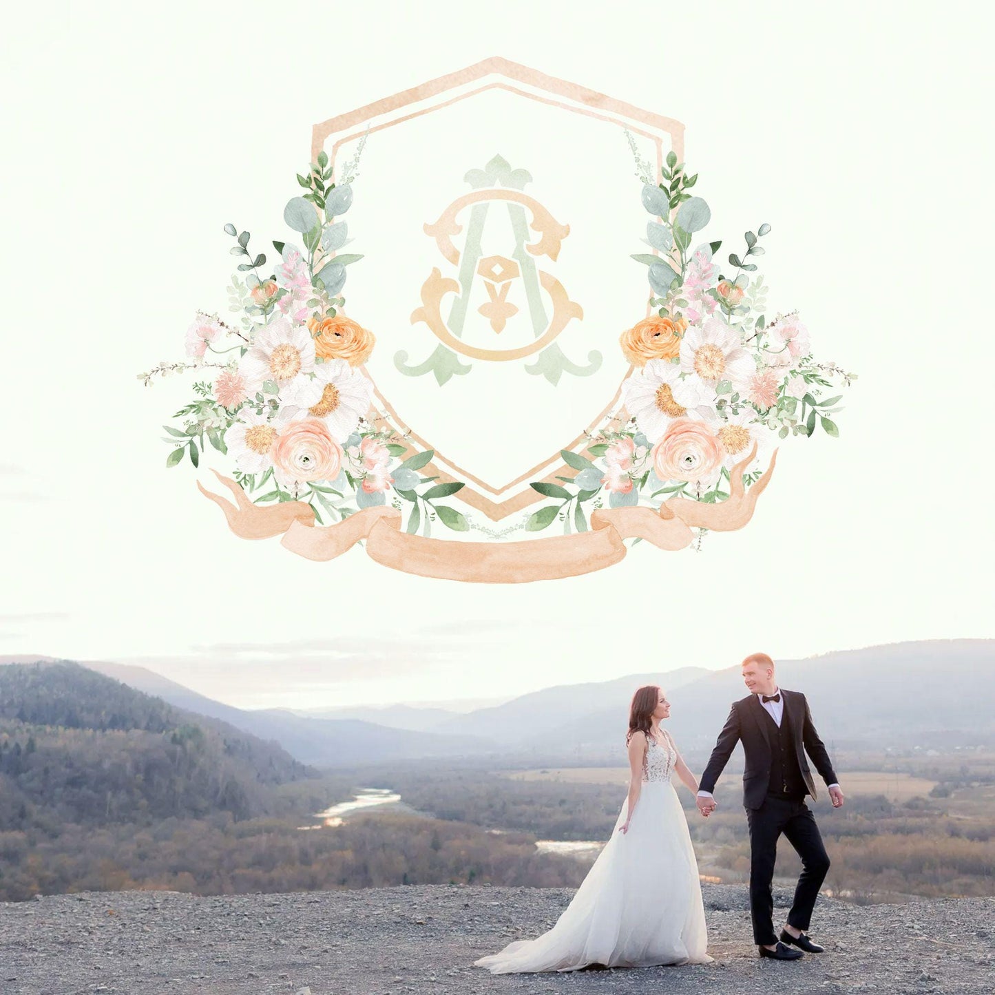 Wildflower Prink Spring Flower Wedding Crest - Monogram Crest - Wildflower bohemian Floral Watercolor Wedding Crest - Romantic Wedding Crest