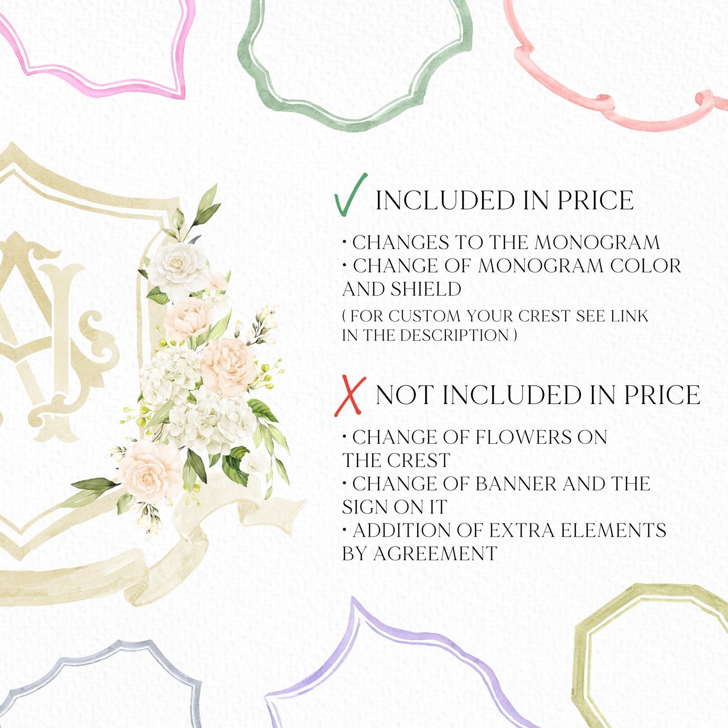 White Hydrangea Flower Wedding Crest - Monogram Crest - Peony Blush Rose Hydrangea Floral Luxury Watercolor Wedding Crest