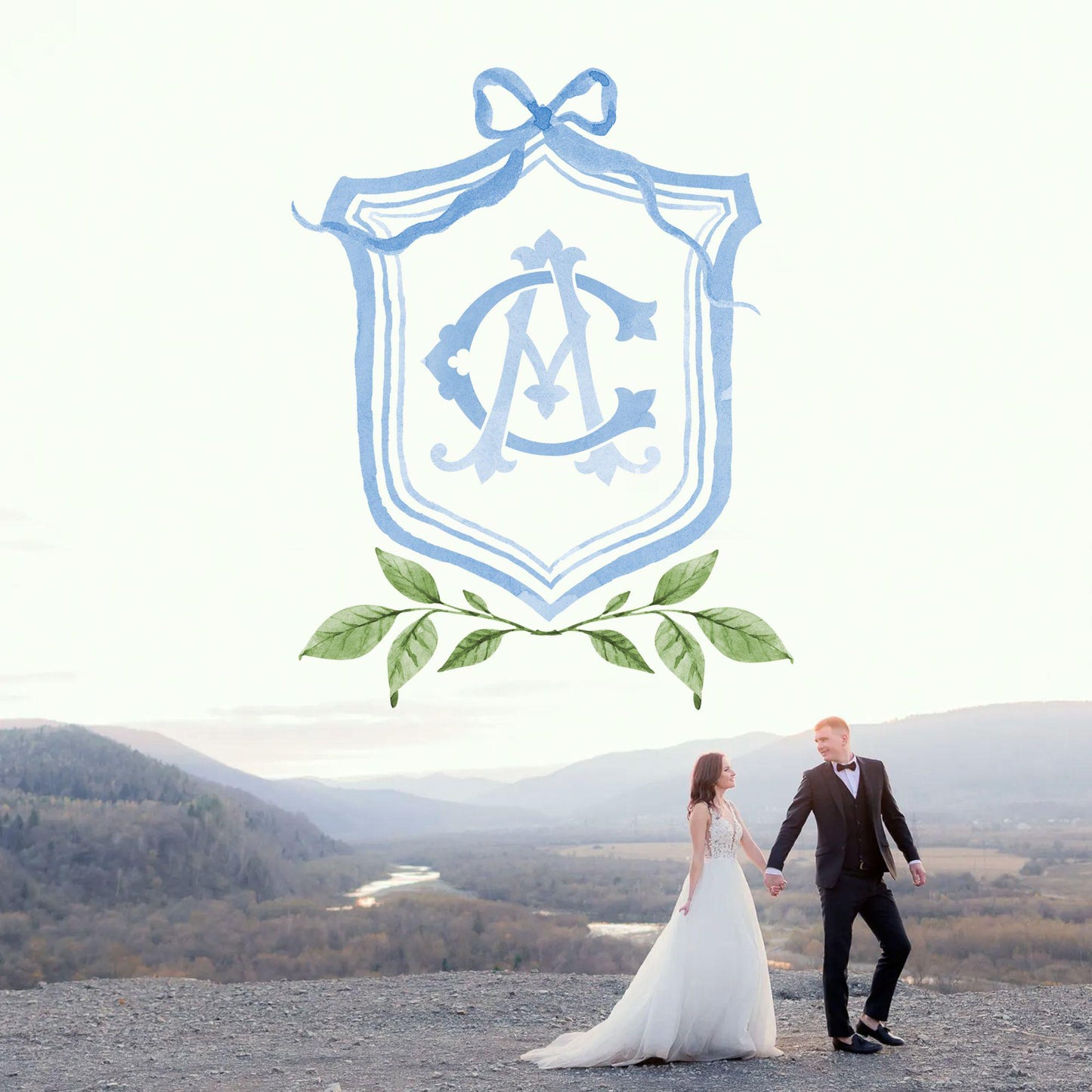 Watercolor Classic Eucalyptus Ribbon Flower Wedding Crest - Monogram Crest -  Luxury Watercolor Wedding Crest - Romantic Wedding Crest