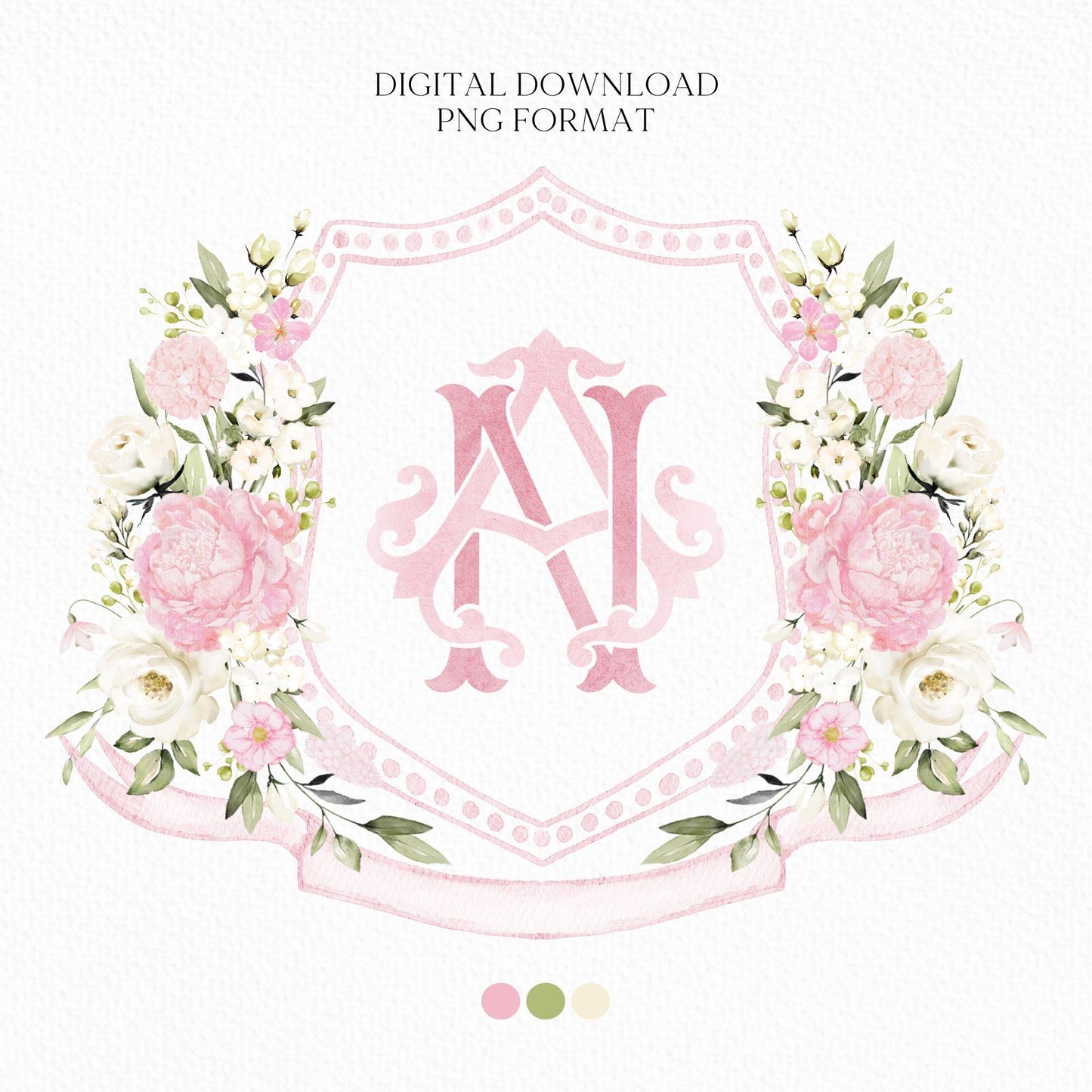 Creamy Rose Ivory Pink Peony White Flower Wedding Crest - Monogram Crest - Pink Floral Watercolor Wedding Crest - Romantic Wedding Crest