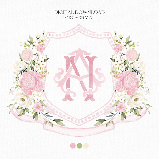 Creamy Rose Ivory Pink Peony White Flower Wedding Crest - Monogram Crest - Pink Floral Watercolor Wedding Crest - Romantic Wedding Crest