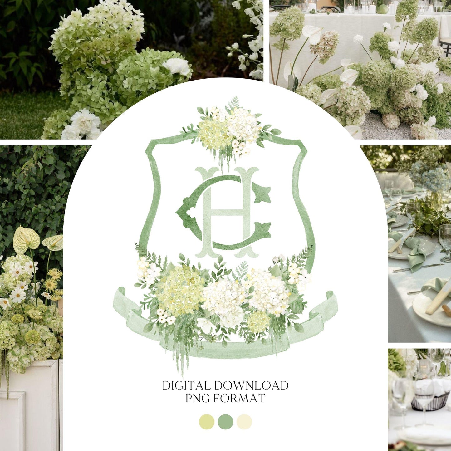 Green Hydrangea Flower Wedding Crest - Monogram Crest - Hydrangea White Floral Luxury Watercolor Wedding Crest - Romantic Wedding Crest