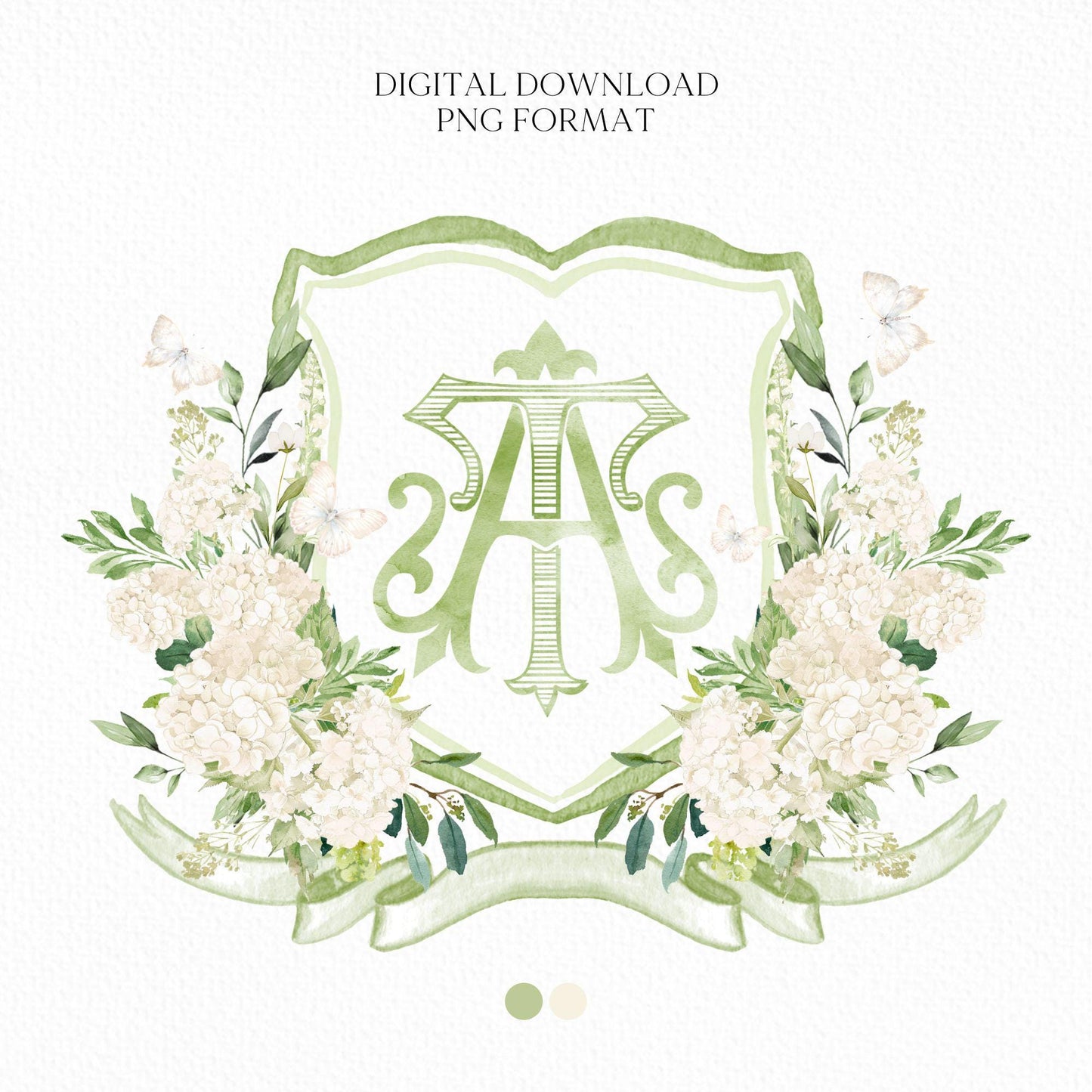 White Hydrangea Flower Wedding Crest - Monogram Crest - Hydrangea Floral Watercolor Wedding Crest - Romantic Wedding Crest - Boho Hydrangea