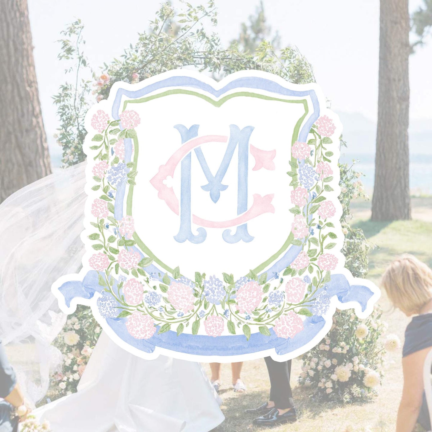 Pink Light Blue Hydrangea Flower Wedding Crest - Monogram Crest - Blue Hydrangea Floral Watercolor Wedding Crest - Romantic Wedding Crest