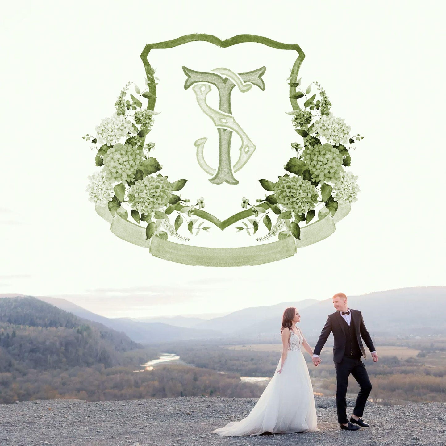 Green Hydrangea Flower Wedding Crest - Monogram Crest - Hydrangea Floral Watercolor Wedding Crest - Romantic Wedding Crest - Boho Hydrangea