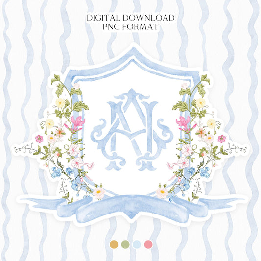 Wildflowers Bright Floral Colorful Watercolor Wedding Crest - Monogram Crest - Pastel Floral Watercolor Crest - Romantic Wedding Crest
