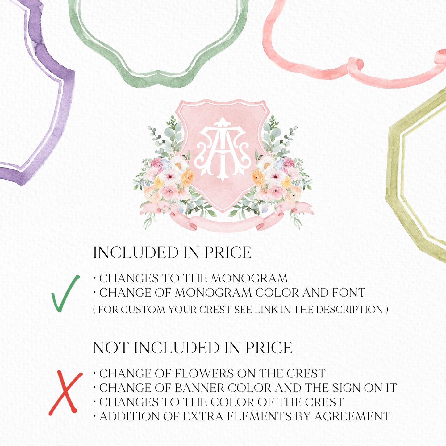 Wildflower Prink Spring Flower Wedding Crest - Monogram Crest - Wildflower bohemian Floral Watercolor Wedding Crest - Romantic Wedding Crest