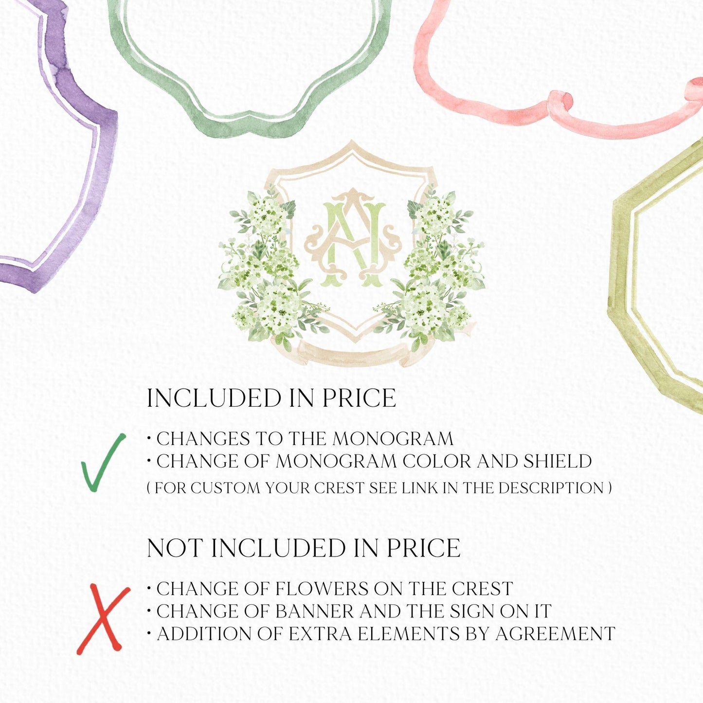 Hydrangea Green Cream WildFlower Wedding Crest - Monogram Crest - Hydrangea Floral Luxury Watercolor Wedding Crest - Romantic Wedding Crest