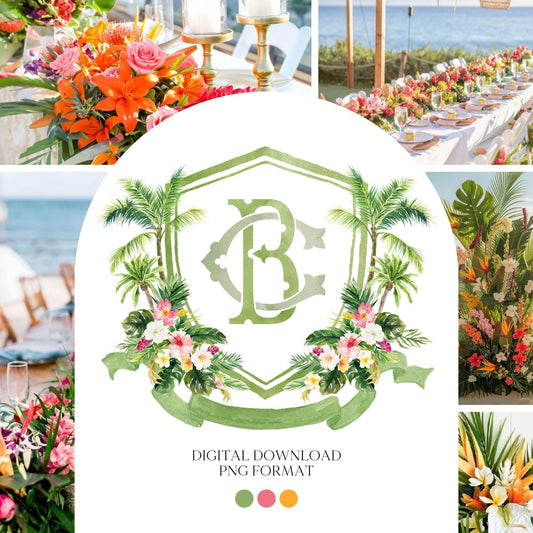 Tropical Watercolor Flowers Wedding Crest - Monogram Crest - Greenery Floral Blue Watercolor Wedding Crest - Romantic Wedding Crest