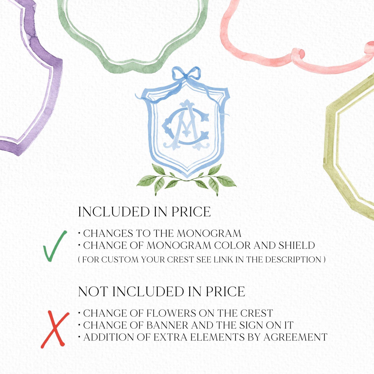 Watercolor Classic Eucalyptus Ribbon Flower Wedding Crest - Monogram Crest -  Luxury Watercolor Wedding Crest - Romantic Wedding Crest