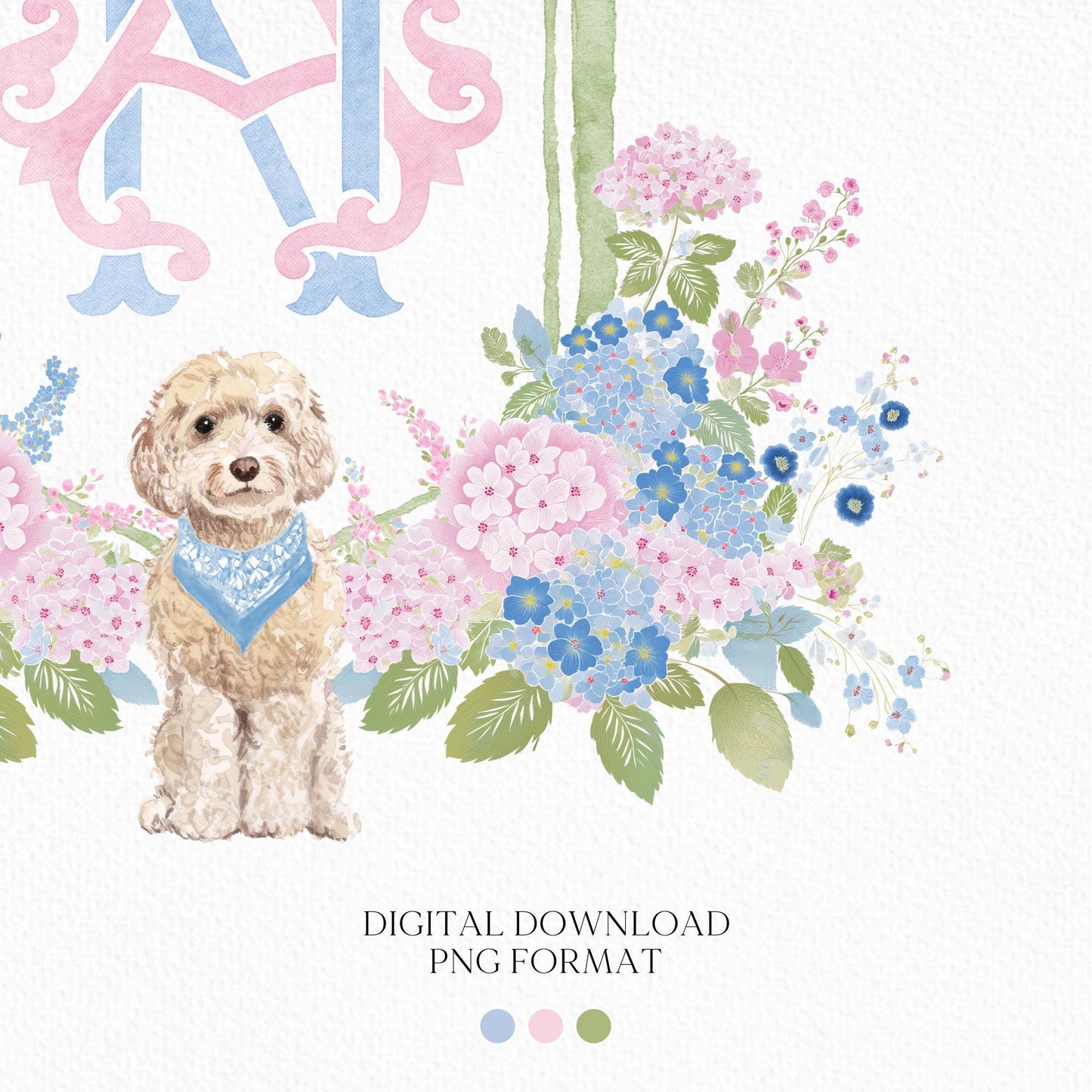Hydrangea Blue Pink Wedding Family Crest - Light Pink Blue Hydrangea Flower Wedding Crest - Monogram Crest