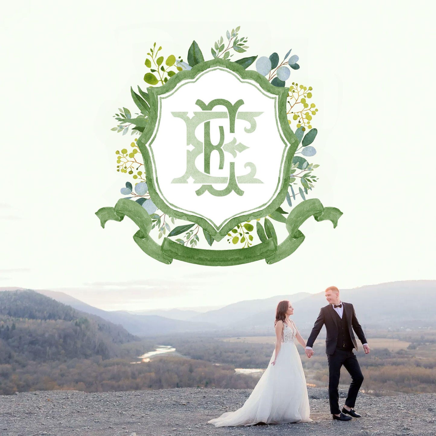 Eucalyptus Green Leaves Flower Wedding Crest - Monogram Crest - Greenery Floral Luxury Watercolor Wedding Crest - Romantic Wedding Crest