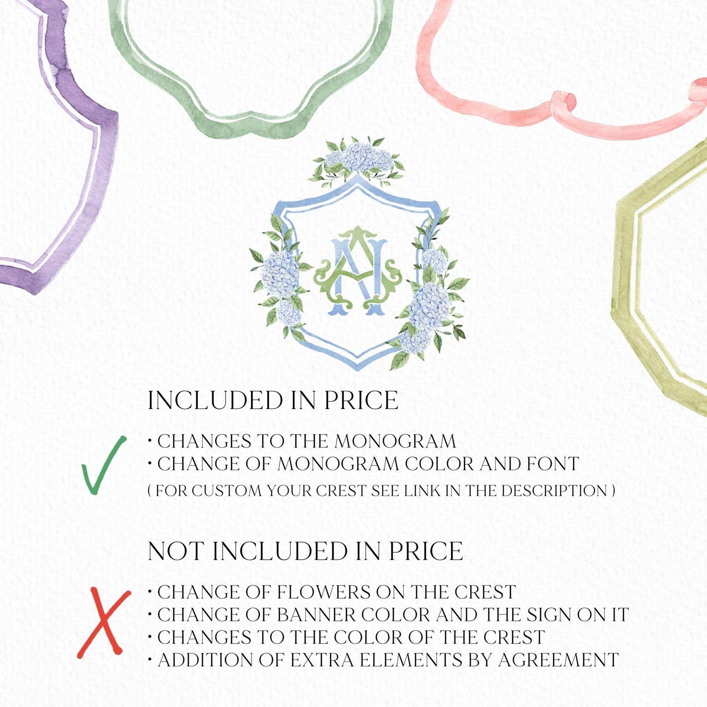 Hydrangea Flower Wedding Crest - Monogram Crest - Hydrangea Floral Luxury Watercolor Wedding Crest - Romantic Wedding Crest- Boho Hydrangea