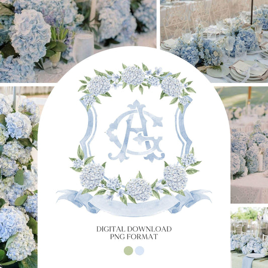 White Blue Hydrangea Flower Wedding Crest - Monogram Crest - Hydrangea Floral Luxury Watercolor Wedding Crest - Romantic Wedding Crest
