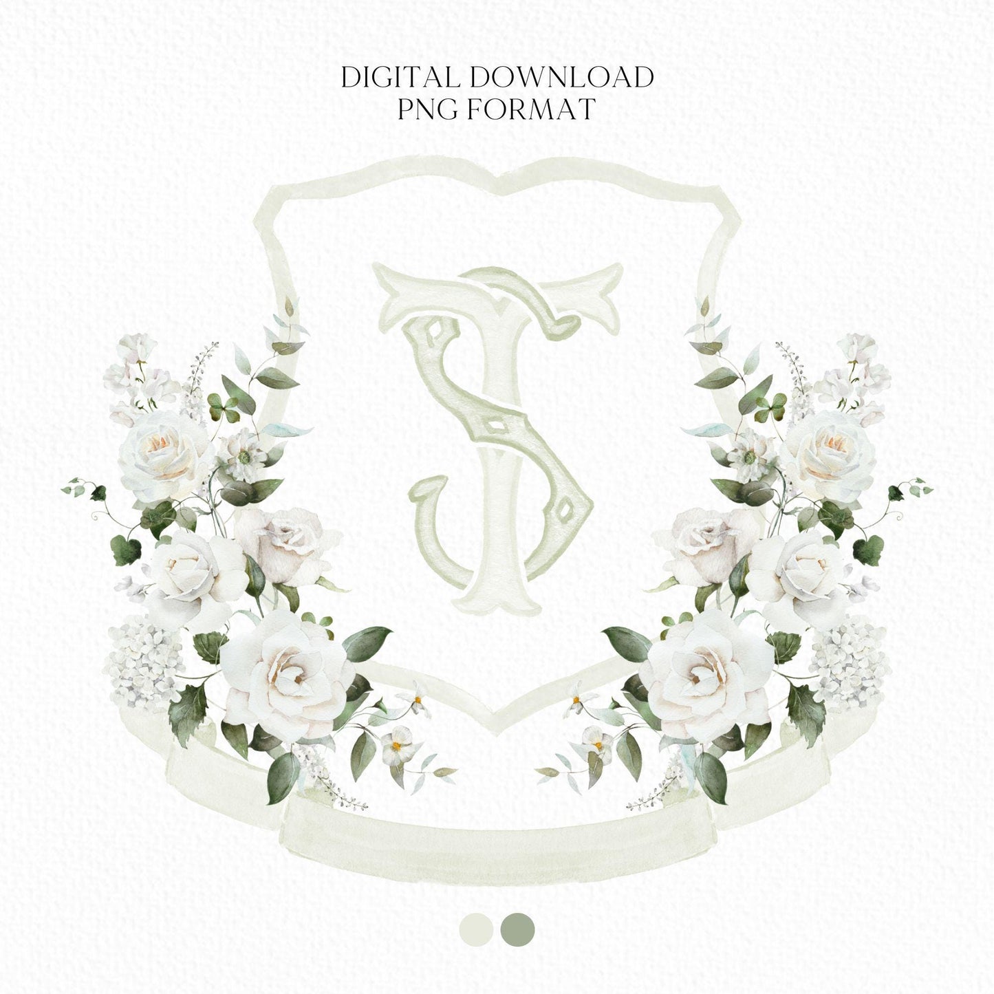 White Rose Greenery White Flower Wedding Crest - Monogram Crest - White Floral Watercolor Wedding Crest - Romantic Wedding Crest