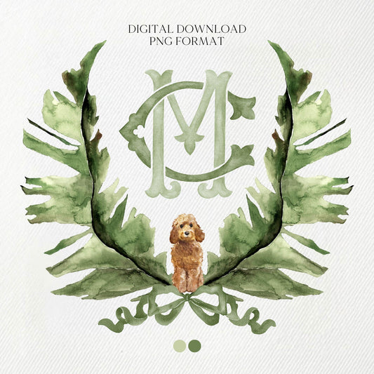Palm Leaf Greenery Garden Watercolor Wedding Crest - Monogram Crest - Palm leaves Greenery Watercolor Wedding Crest - Romantic Wedding Crest