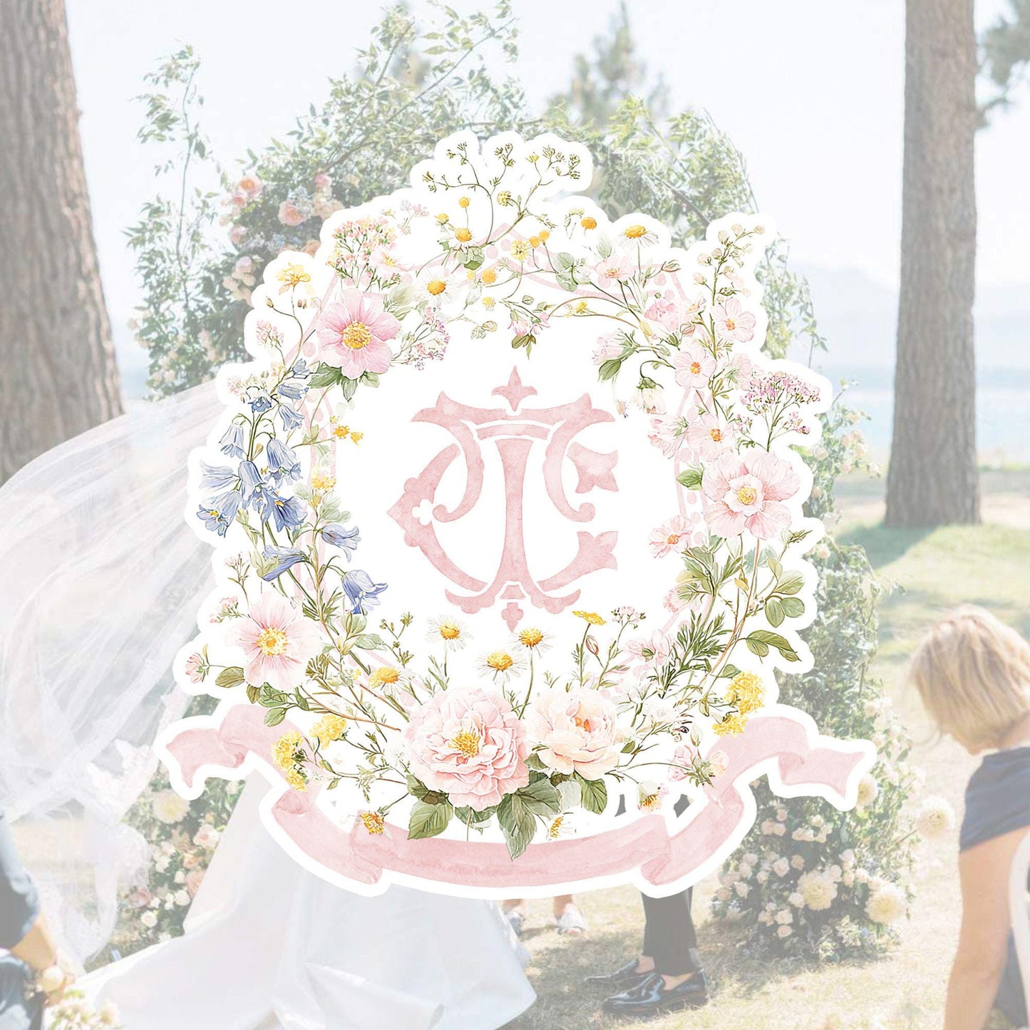 Pastel Wildflowers Light Pink Watercolor Wedding Crest - Monogram Crest - Floral Watercolor Wedding Crest - Romantic Wedding Crest