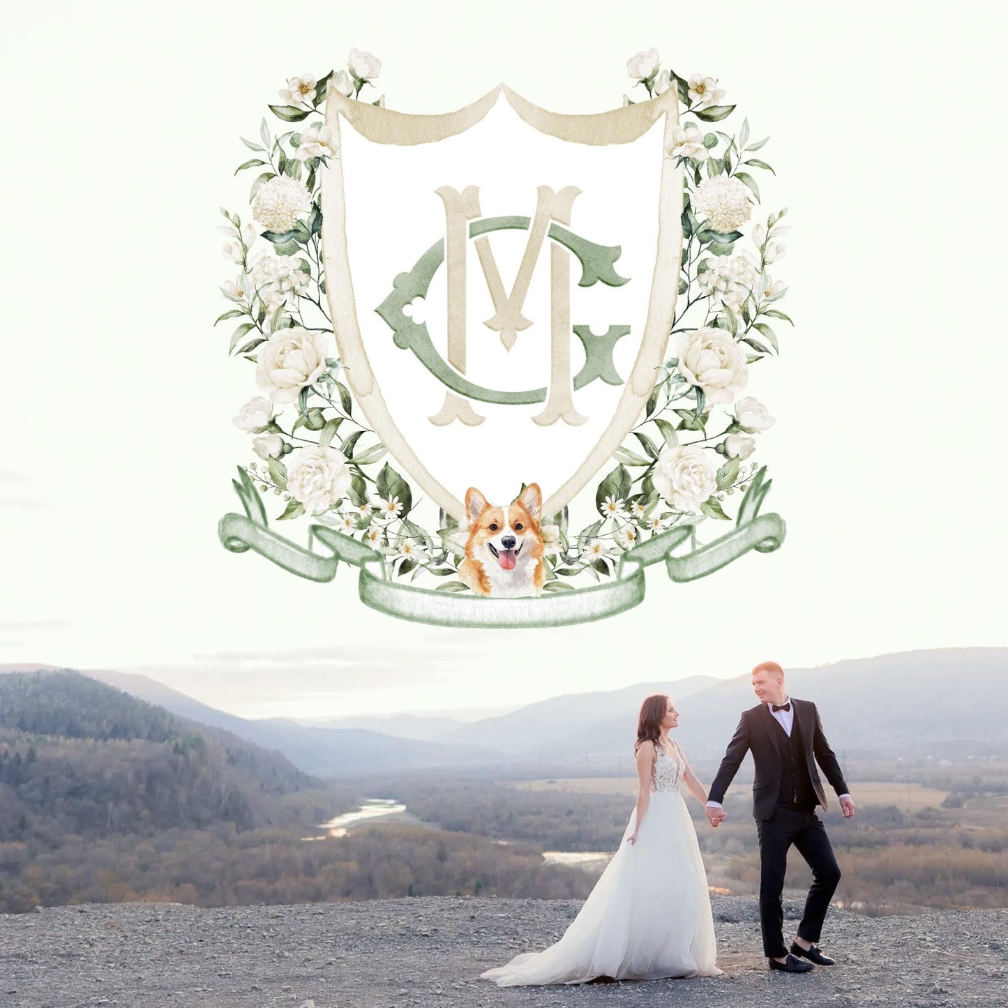 Hydrangea White Rose Greenery Flower Wedding Crest - Monogram Crest - Hydrangea White Floral Watercolor Wedding Crest Romantic Wedding Crest