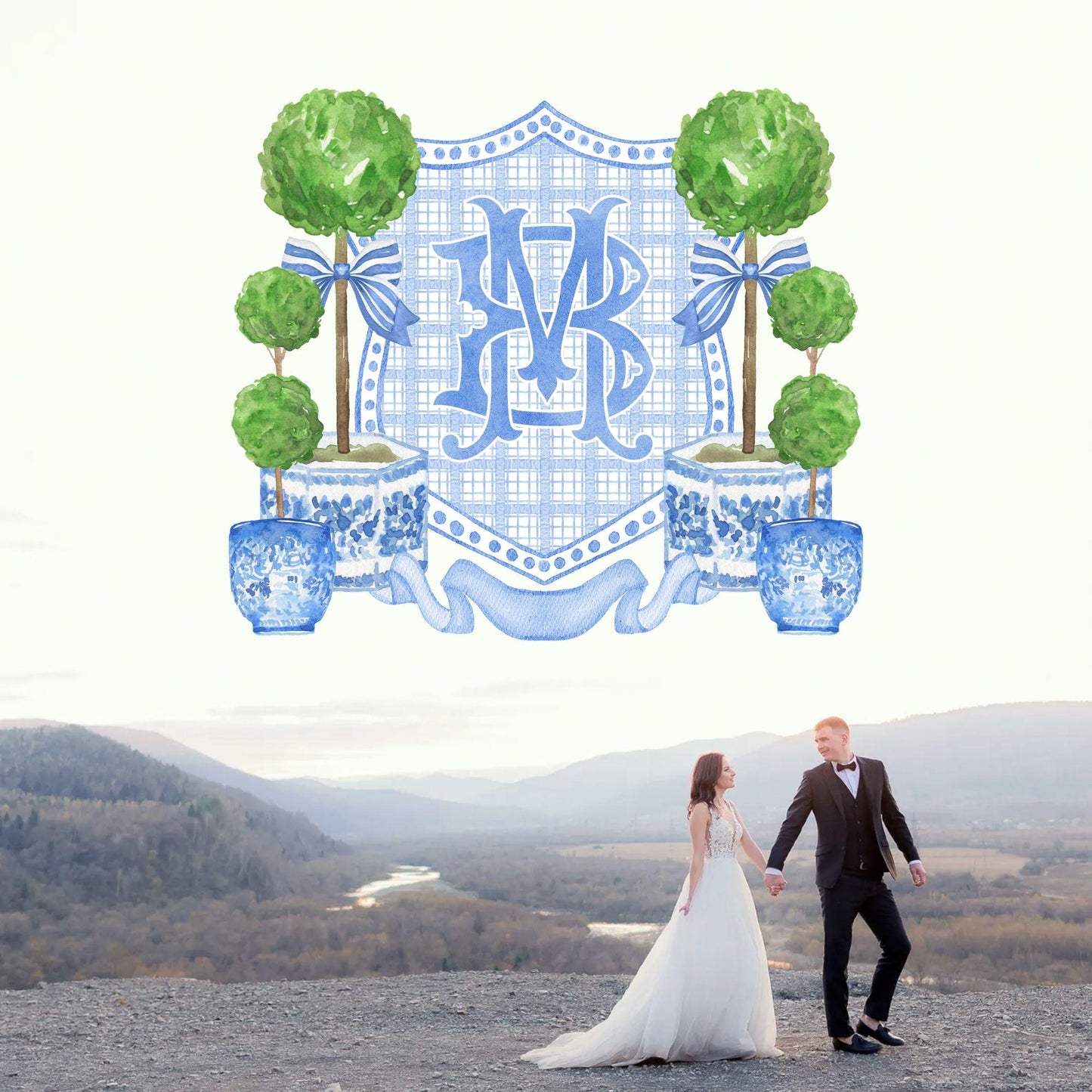 Chinoiserie Blue Topiary Wedding Crest - Monogram Crest - Chinoiserie Blue Watercolor Wedding Crest Romantic Wedding Crest