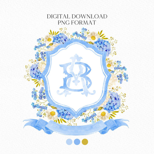 Blue White Hydrangeas Floral Wedding Crest - Monogram Crest - Hydrangea Floral Luxury Watercolor Wedding Crest - Romantic Wedding Crest