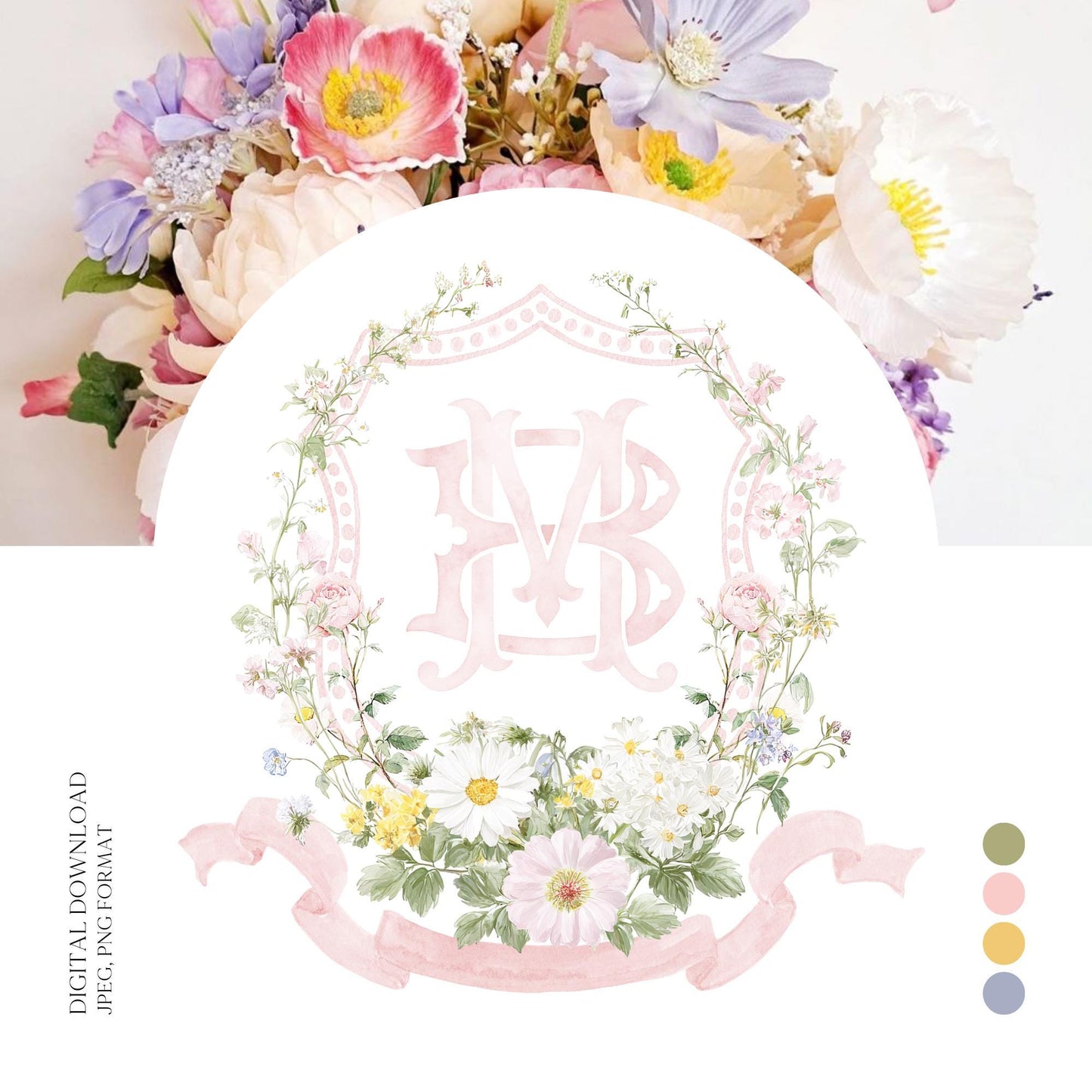 Pastel Wildflowers Light Pink Watercolor Wedding Crest - Monogram Crest - Floral Watercolor Wedding Crest - Romantic Wedding Crest