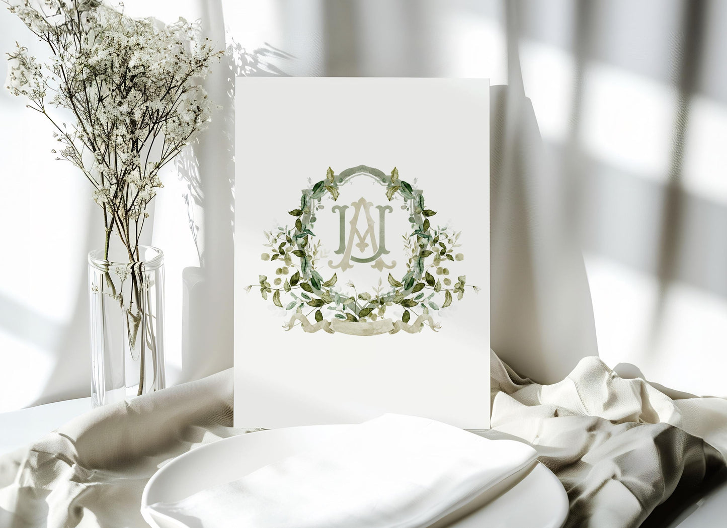 Greenery Green Leaves Flower Wedding Crest - Monogram Crest - Greenery Floral Luxury Watercolor Wedding Crest - Romantic Wedding Crest