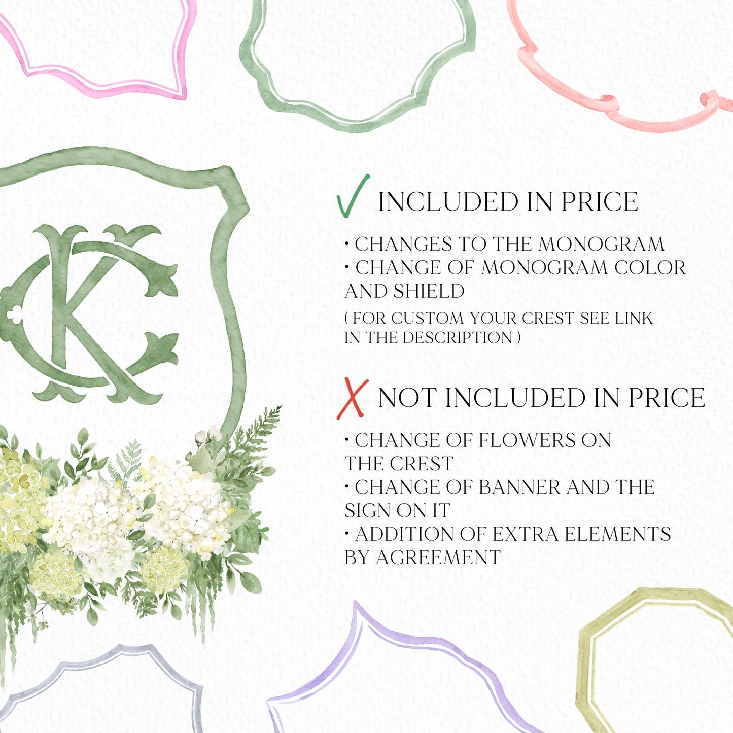 Green Hydrangea Flower Wedding Crest - Monogram Crest - Hydrangea White Floral Luxury Watercolor Wedding Crest - Romantic Wedding Crest