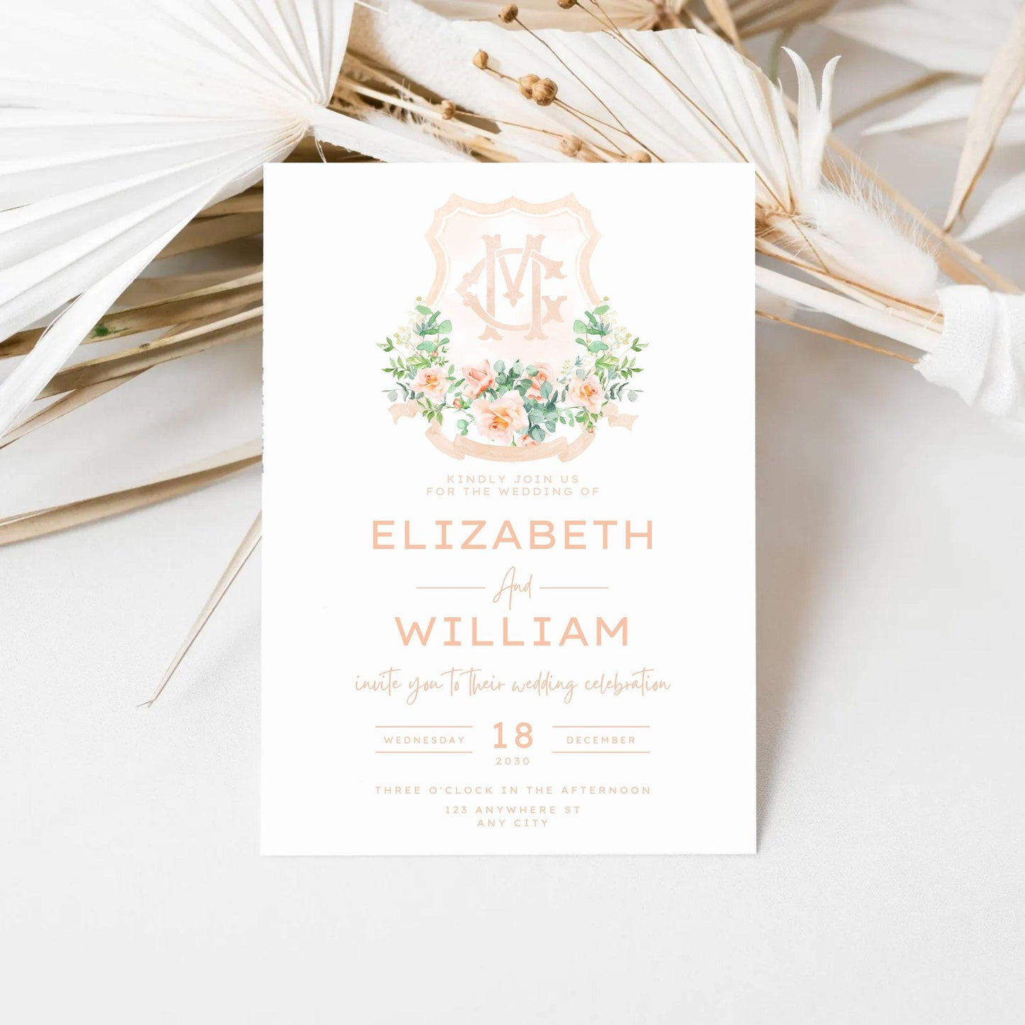 Peach Greenery Floral Eucalyptus watercolor Wedding Crest - Monogram Crest - Floral Luxury Watercolor Wedding Crest - Romantic Wedding Crest