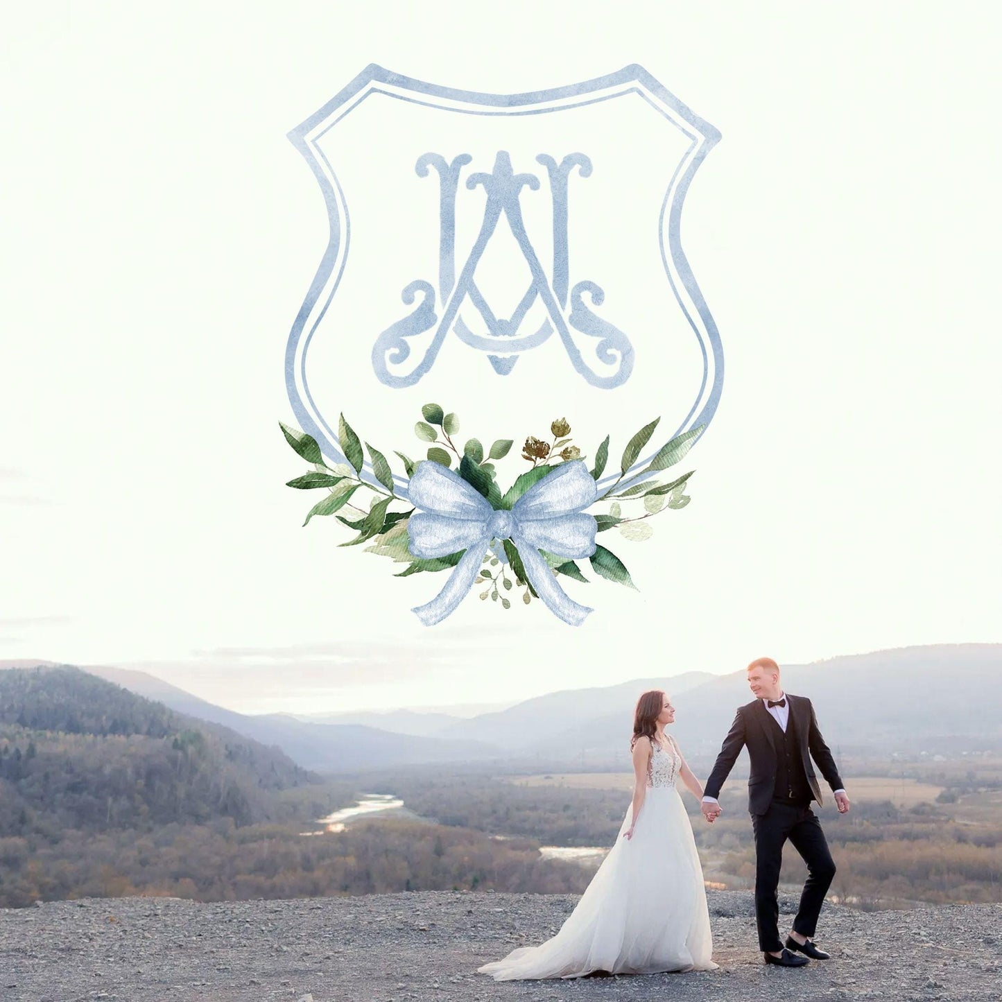 Watercolor Classic Eucalyptus Ribbon Flower Wedding Crest - Monogram Crest -  Luxury Watercolor Wedding Crest - Romantic Wedding Crest