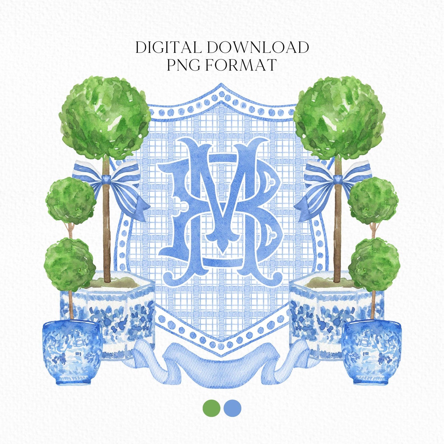 Chinoiserie Blue Topiary Wedding Crest - Monogram Crest - Chinoiserie Blue Watercolor Wedding Crest Romantic Wedding Crest
